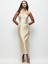 Rear View Thumbnail - Champagne Strapless Cuff Satin Midi Dress with Column Skirt & Back Bow 
