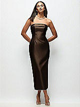 Rear View Thumbnail - Espresso Strapless Cuff Satin Midi Dress with Column Skirt & Back Bow 