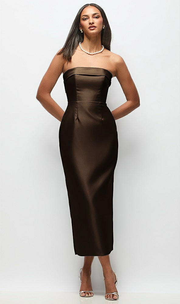 Back View - Espresso Strapless Cuff Satin Midi Dress with Column Skirt & Back Bow 