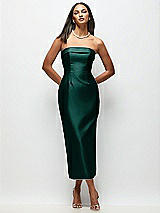 Rear View Thumbnail - Evergreen Strapless Cuff Satin Midi Dress with Column Skirt & Back Bow 