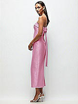 Front View Thumbnail - Powder Pink Strapless Cuff Satin Midi Dress with Column Skirt & Back Bow 