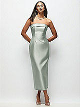Rear View Thumbnail - Willow Green Strapless Cuff Satin Midi Dress with Column Skirt & Back Bow 