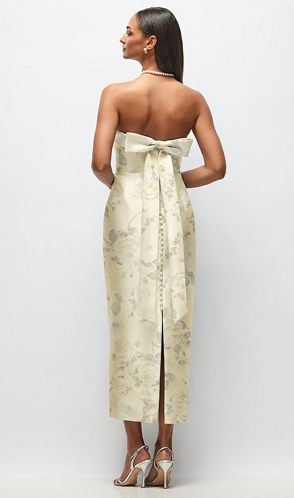 Back View - Butter Yellow Floral Strapless Cuff Floral Satin Midi Dress with Column Skirt & Back Bow 