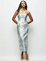 Front View Thumbnail - Porcelain Blue Seraphina Floral Strapless Cuff Floral Satin Midi Dress with Column Skirt & Back Bow 