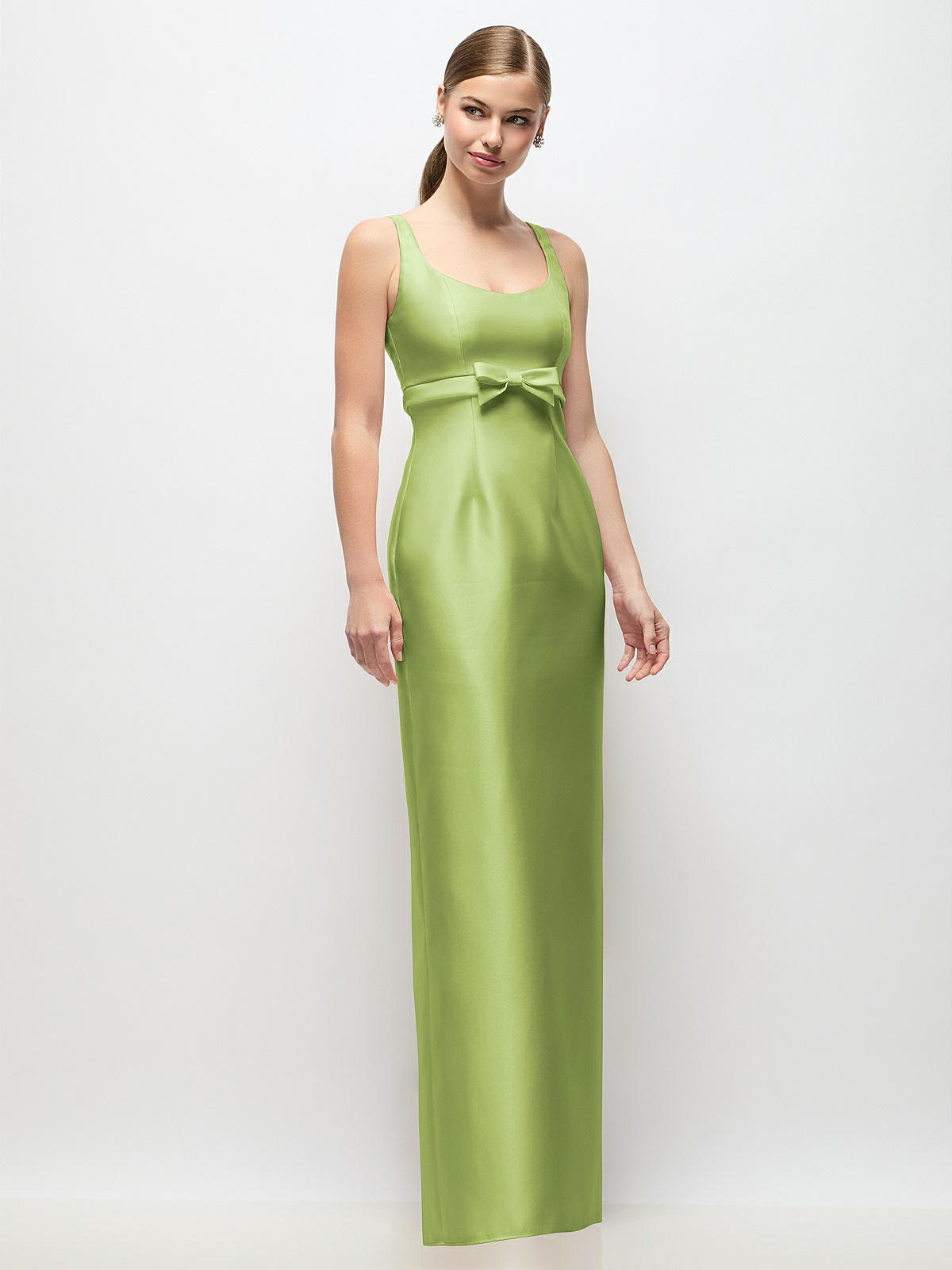 Scoop Neck Satin Column Maxi Bridesmaid Dress With Bow At Empire Waist In Mojito | The Dessy Group Scoop Neck Satin Column Maxi Bridesmaid Dress With Bow At Empire Waist In Mojito | The Dessy Group
