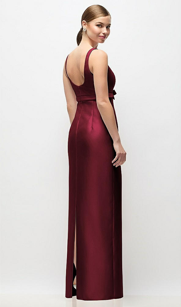 Back View - Cabernet Scoop Neck Satin Column Maxi Dress with Bow at Empire Waist