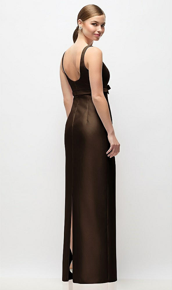 Back View - Espresso Scoop Neck Satin Column Maxi Dress with Bow at Empire Waist