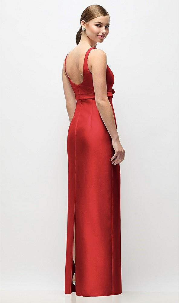 Back View - Poppy Red Scoop Neck Satin Column Maxi Dress with Bow at Empire Waist