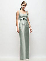 Front View Thumbnail - Willow Green Scoop Neck Satin Column Maxi Dress with Bow at Empire Waist