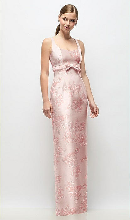 sachin and babi light blue dress Scoop Neck Floral Satin Column Maxi Bridesmaid Dress With Bow At Empire  Waist In Bow And Blossom Print