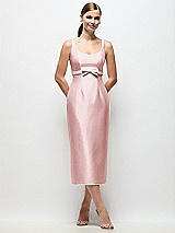 Front View Thumbnail - Ballet Pink Scoop Neck Satin Column Midi Dress with Bow at Empire Waist