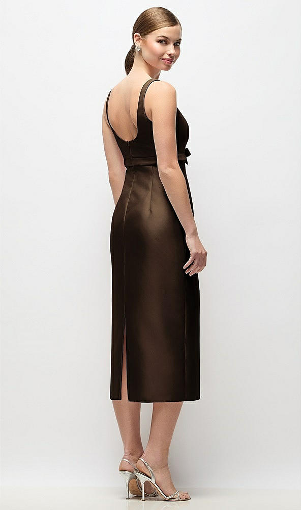 Back View - Espresso Scoop Neck Satin Column Midi Dress with Bow at Empire Waist