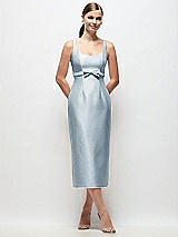Front View Thumbnail - Mist Scoop Neck Satin Column Midi Dress with Bow at Empire Waist