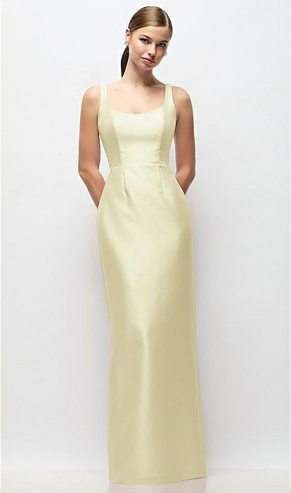Scoop Neck Satin Column Maxi Bridesmaid Dress In Butter Yellow | The Dessy Group Scoop Neck Satin Column Maxi Bridesmaid Dress In Butter Yellow | The Dessy Group
