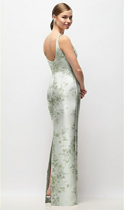 Scoop Neck Floral Satin Column Maxi Bridesmaid Dress In Sage