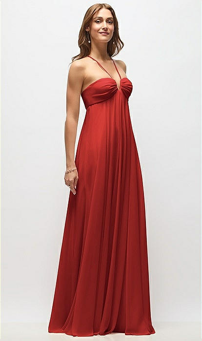 poppy red bridesmaid dresses BABARONI BABARONI Chiffon Red Bridesmaid Dresses Illusion Floor-length Sleeveless Pleated A-line, Red / US18