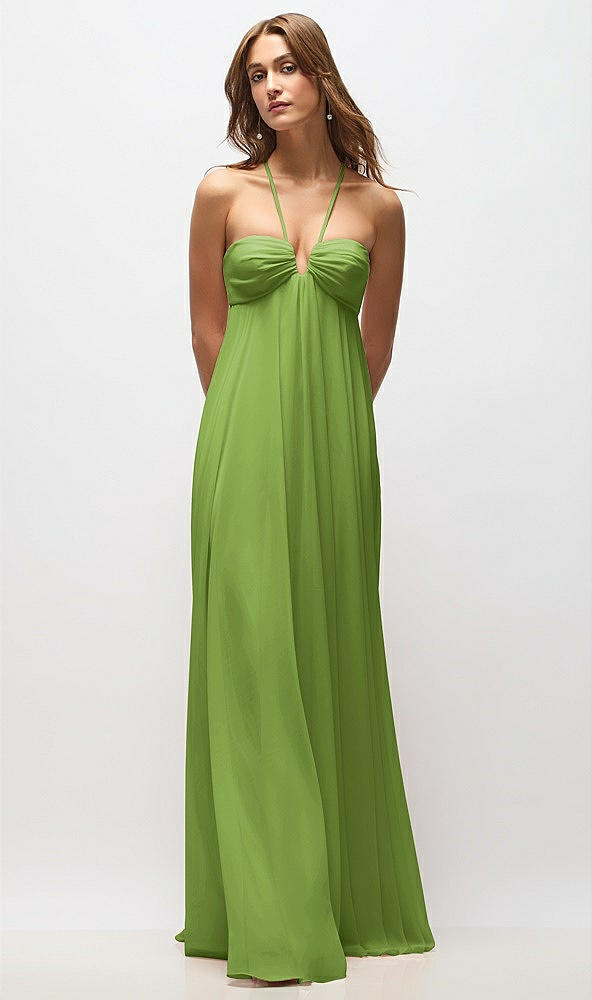 Back View - Peridot Green Empire Waist Chiffon Halter Maxi Dress with Convertible Spaghetti Straps