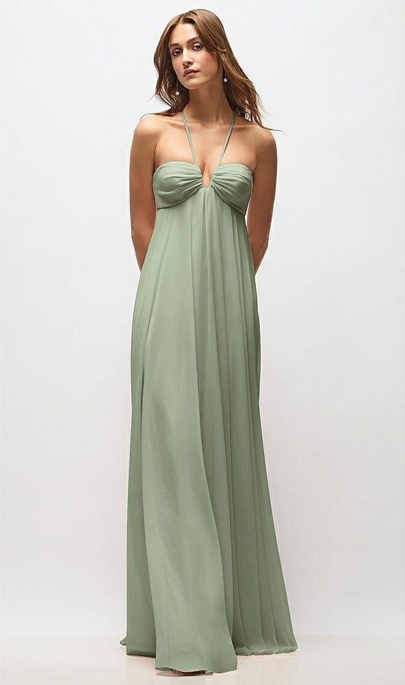 Back View - Sage Empire Waist Chiffon Halter Maxi Dress with Convertible Spaghetti Straps