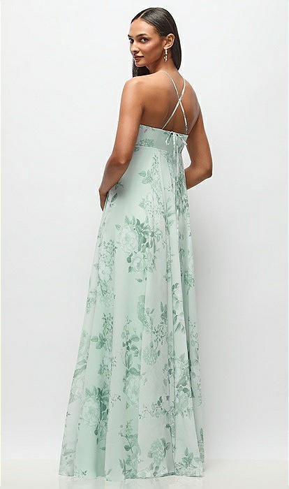 Empire Waist Floral Chiffon Halter Maxi Bridesmaid Dress With Convertible  Spaghetti Straps In Mint Green Floral