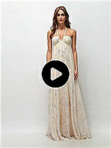 Video 1 Thumbnail - Mint Green Floral Empire Waist Floral Chiffon Halter Maxi Dress with Convertible Spaghetti Straps