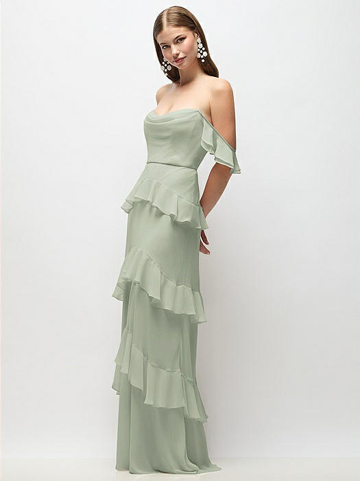 Off-the-Shoulder Cowl Chiffon Tiered Ruffle Maxi Dress with Convertible Ruffle Straps