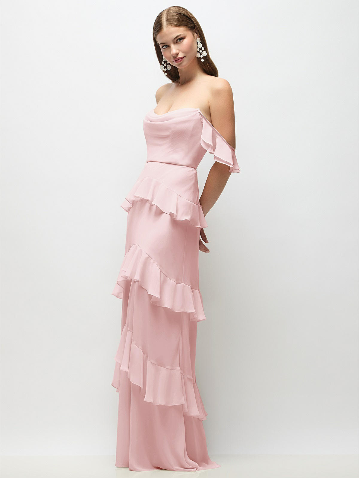 Off-the-shoulder Cowl Chiffon Tiered Ruffle Maxi Bridesmaid Dress With  Convertible Ruffle Straps In Ballet Pink | The Dessy Group