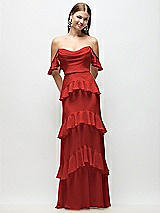 Rear View Thumbnail - Poppy Red Off-the-Shoulder Cowl Chiffon Tiered Ruffle Maxi Dress with Convertible Ruffle Straps