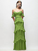 Rear View Thumbnail - Peridot Green Off-the-Shoulder Cowl Chiffon Tiered Ruffle Maxi Dress with Convertible Ruffle Straps