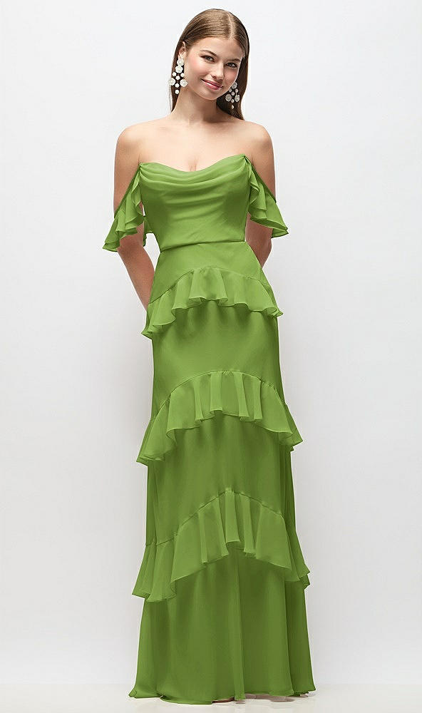 Back View - Peridot Green Off-the-Shoulder Cowl Chiffon Tiered Ruffle Maxi Dress with Convertible Ruffle Straps