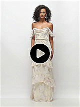 Video 1 Thumbnail - Butter Yellow Floral Off-the-Shoulder Cowl Floral Chiffon Tiered Ruffle Maxi Dress with Convertible Ruffle Straps