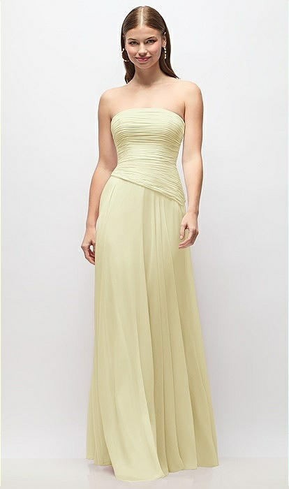 Strapless Chiffon Maxi Bridesmaid Dress With Asymmetrical Ruched Drop Waist  In Butter Yellow