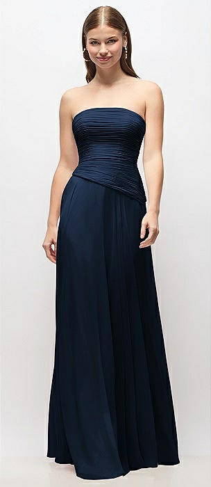 Strapless Chiffon Maxi Dress with Asymmetrical Ruched Drop Waist