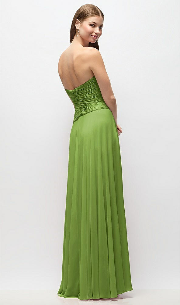 Back View - Peridot Green Strapless Chiffon Maxi Dress with Asymmetrical Ruched Drop Waist