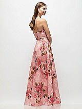 Side View Thumbnail - Guava Floral Print Strapless Organza Jacquard Maxi Dress with Draped Cat-Eye Bodice
