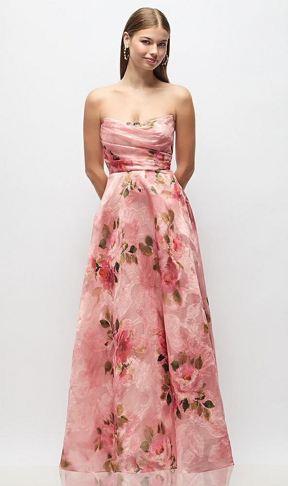 Back View - Guava Floral Print Strapless Organza Jacquard Maxi Dress with Draped Cat-Eye Bodice