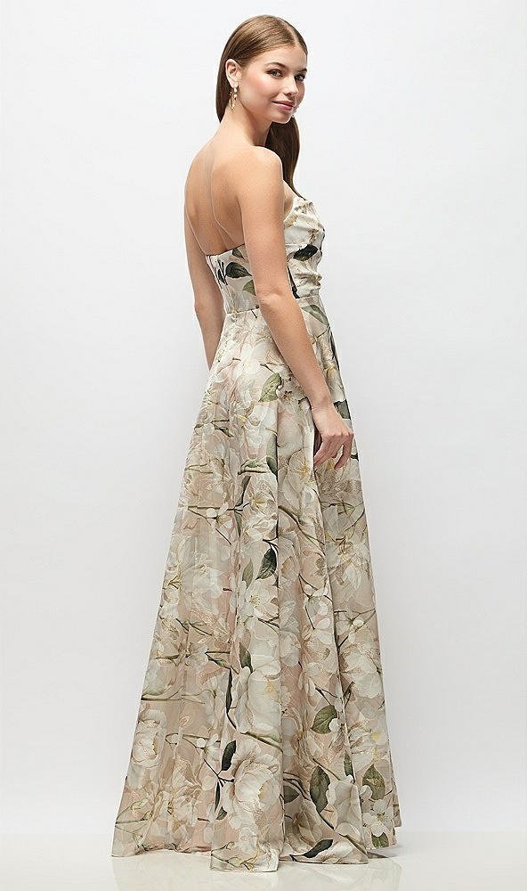 Back View - Plumeria Floral Print Strapless Metallic Organza Jacquard Maxi Dress with Draped Cat-Eye Bodice