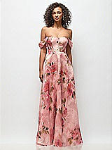 Rear View Thumbnail - Guava Floral Print Strapless Organza Jacquard Bustier Maxi Dress with Off-the-Shoulder Swags