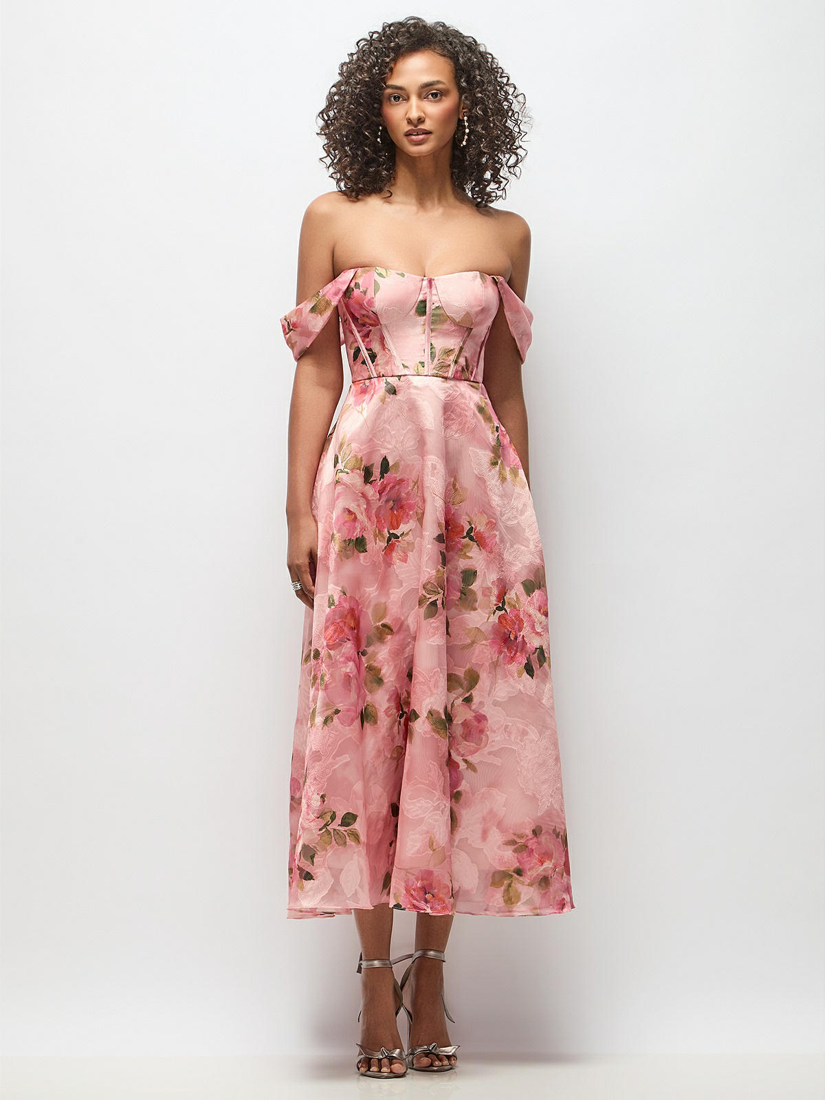 Strapless Organza Jacquard Bustier Midi Bridesmaid Dress With Off