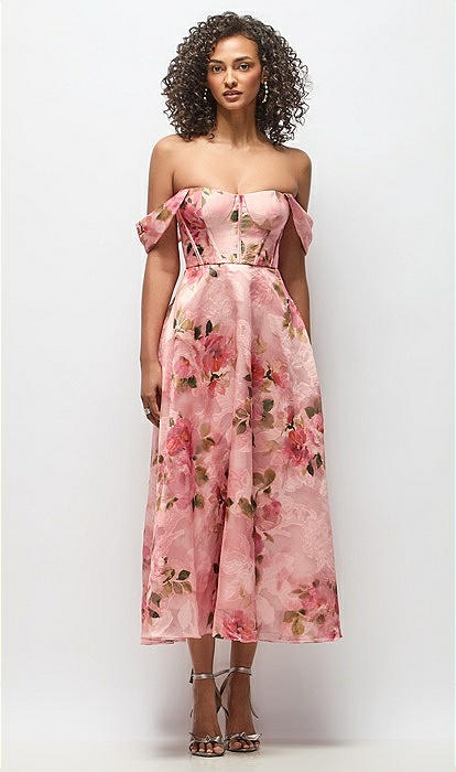 Strapless Organza Jacquard Bustier Midi Dress with Off-the-Shoulder Swags in Guava Floral Print (Floral) Strapless Organza Jacquard Bustier Midi Dress with Off-the-Shoulder Swags in Guava Floral Print (Floral)