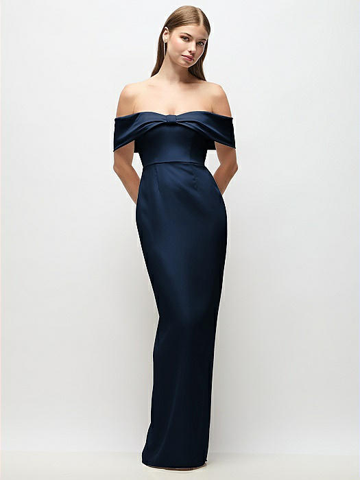 Off-the-Shoulder Crepe Column Maxi Dress with Bow-Pinch Detail