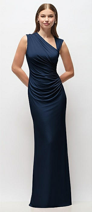 Asymmetrical Cap Sleeve Matte Jersey Column Maxi Dress with Fanned Ruching