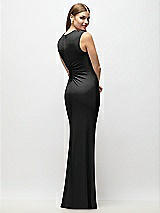 Rear View Thumbnail - Black Asymmetrical Cap Sleeve Matte Jersey Column Maxi Dress with Fanned Ruching