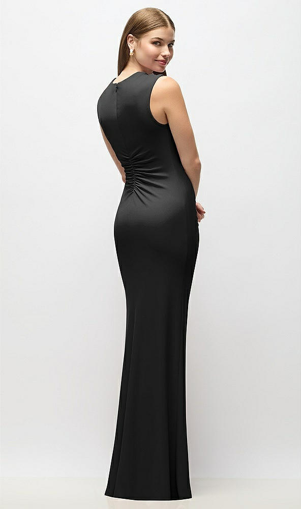 Back View - Black Asymmetrical Cap Sleeve Matte Jersey Column Maxi Dress with Fanned Ruching