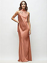 Front View Thumbnail - Copper Penny Draped Scarf Halter Open-Back Stretch Satin Bias Maxi Dress with Adjustable Straps