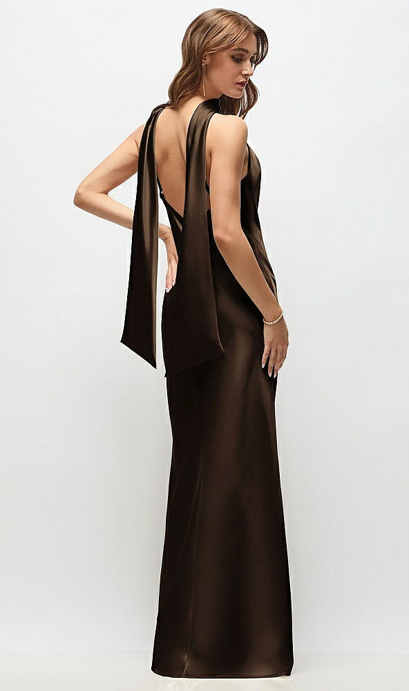 Back View - Espresso Draped Scarf Halter Open-Back Stretch Satin Bias Maxi Dress with Adjustable Straps