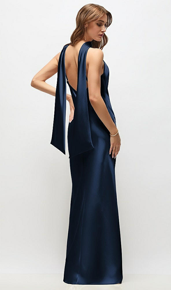 Back View - Midnight Navy Draped Scarf Halter Open-Back Stretch Satin Bias Maxi Dress with Adjustable Straps