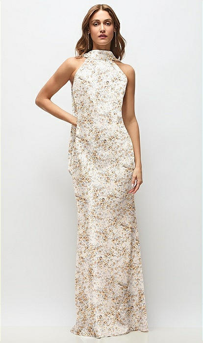 Draped Scarf Halter Open-back Floral Stretch Satin Bias Maxi
