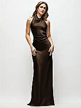 Front View Thumbnail - Espresso High Cowl Neck Open-Back Stretch Satin Bias Maxi Dress