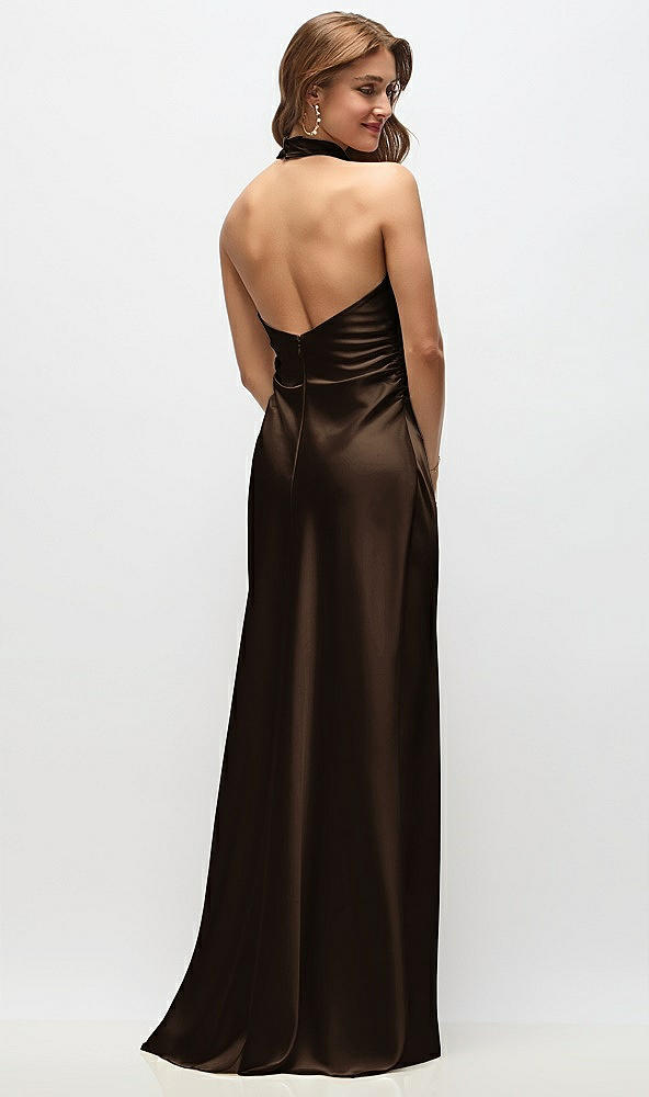 Back View - Espresso High Cowl Neck Open-Back Stretch Satin Bias Maxi Dress