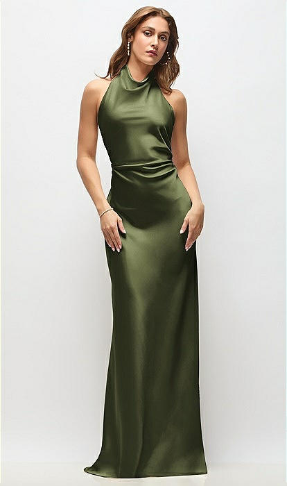 High Cowl Neck Open-back Stretch Satin Bias Maxi Bridesmaid Dress In Olive  Green | The Dessy Group